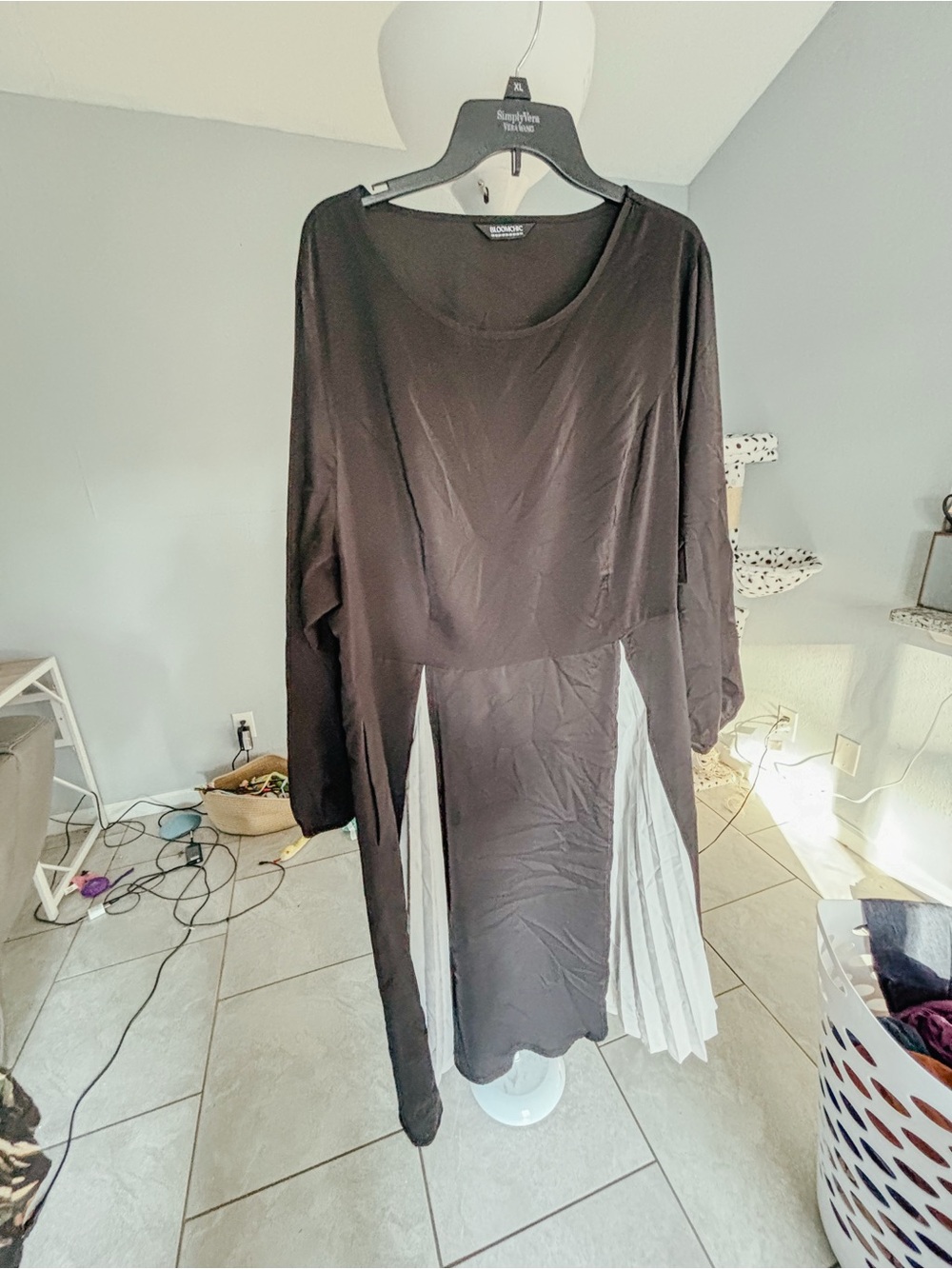 BloomChic Black Long Sleeve Dress with White Pleated Insets